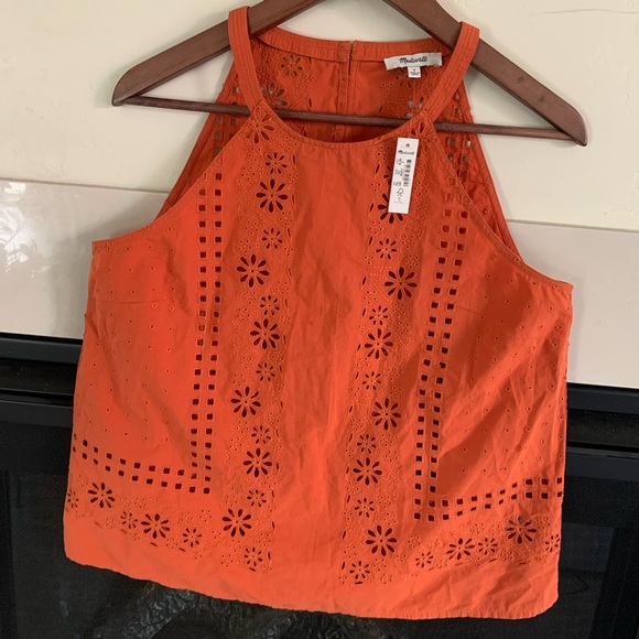 Madewell women’s Eyelet A Line Halter Top Copper Washed Orange Small NWT boho - Picture 2 of 12